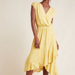 Anthropologie Maeve Fete Yellow Purple White Faux Wrap Dress Small